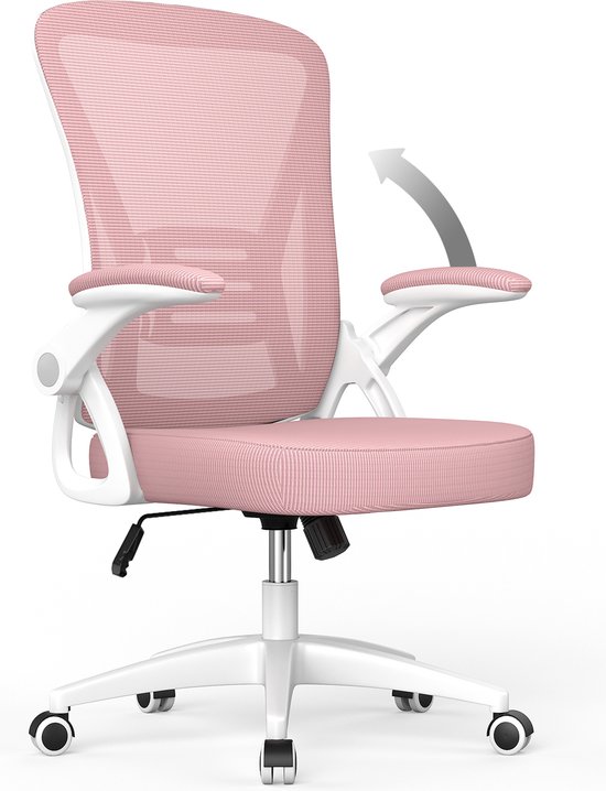 Chaise de bureau - Chaise ergonomique BIGZZIA - Fauteuil avec accoudoir rabattable à 90° - Support lombaire - Hauteur réglable Rose