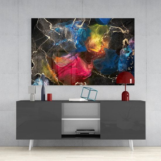 Glasschilderij Abstract - Kleurrijk - Energie - Wanddecoratie - 110x70 cm - 4 mm