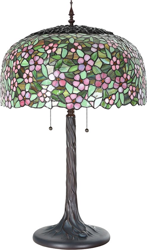 LumiLamp Lampe de table Tiffany Ø 46x72 cm Vert Rose Verre Lampe de bureau Tiffany