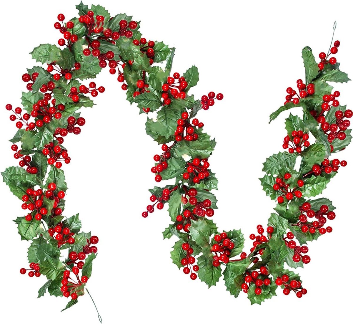 Bessenslinger, kerstslinger, 175 cm, bessenslinger, hulstdecoratie, kerstslingers met rode bessen en groene bladeren, kunstbessenslinger voor Kerstmis, tafeldecoratie