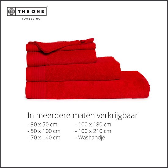 Stapel rode handdoeken in verschillende maten. Tekst vermeldt 'In meerdere maten verkrijgbaar' met maten.