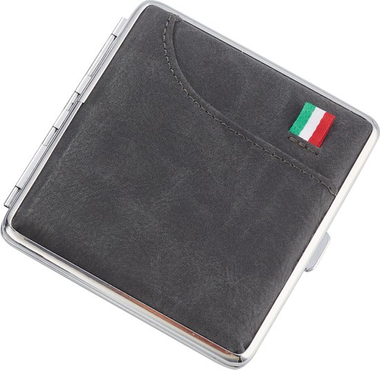 Poly Flame - Sigarettendoosje Antraciet met Pasjeshouder - 20 Sigaretten - Kunstleer - Italiaanse Vlag