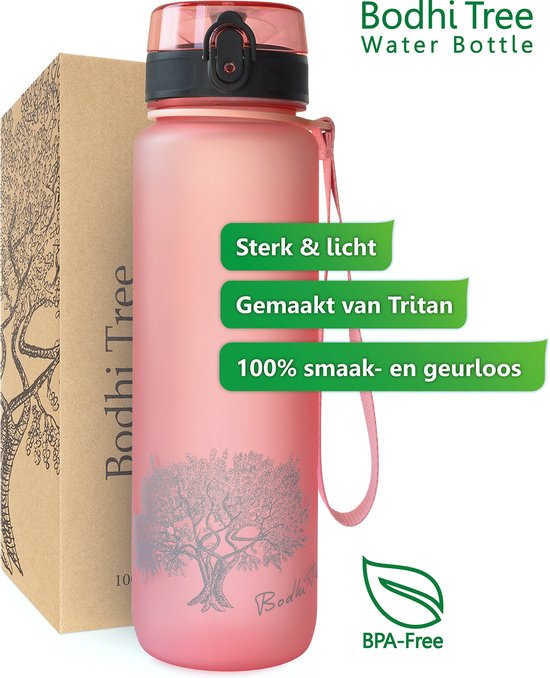 Bodhi Tree® Gourde motivation 1l - Gourdes de motivation pour adultes - Bouteille d'eau avec marqueurs de temps Néerlandais - Étanche - Anti Fuite - Sans BPA - Filtre à fruits - Water Bottle 1 litre - Rose