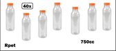 40x Flesje helder 750cc met oranje dop- vernieuwd 22cm hoog - gerecycled PET drinken jus sinas cola sappen dranken