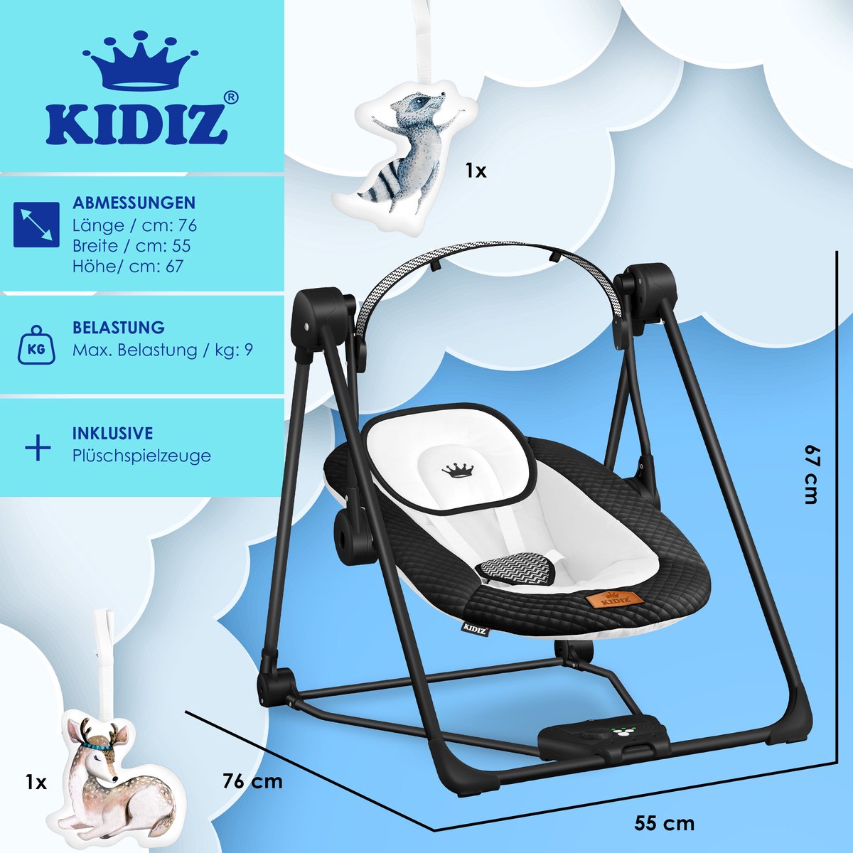 KIDIZ Wipstoel Baby Elektrisch Babyschommel tot max 9kg - Zwart thumbnail 3