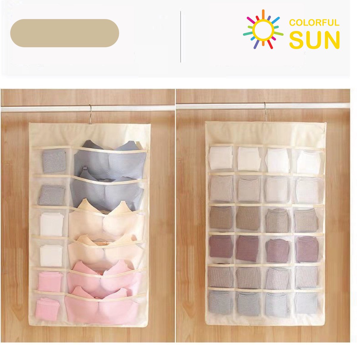 Colorful Sun® Ondergoed organizer - 36 vakjes - Dubbelzijdig - Opbergen Onderbroek & Beha - Hanger Opbergzak - Hangende - Opbergtas - Opbergruimte - Buff