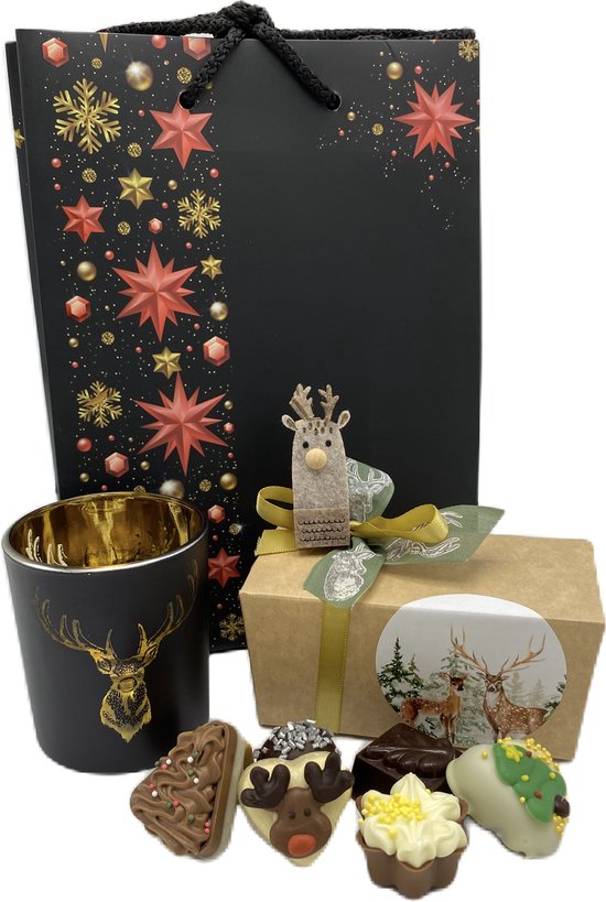 Cho-lala Kerstmis giftset "oh deer" - chocolade cadeau kerstmis - 250 gram chocolade bonbons - windlicht met hert - X-mas gift