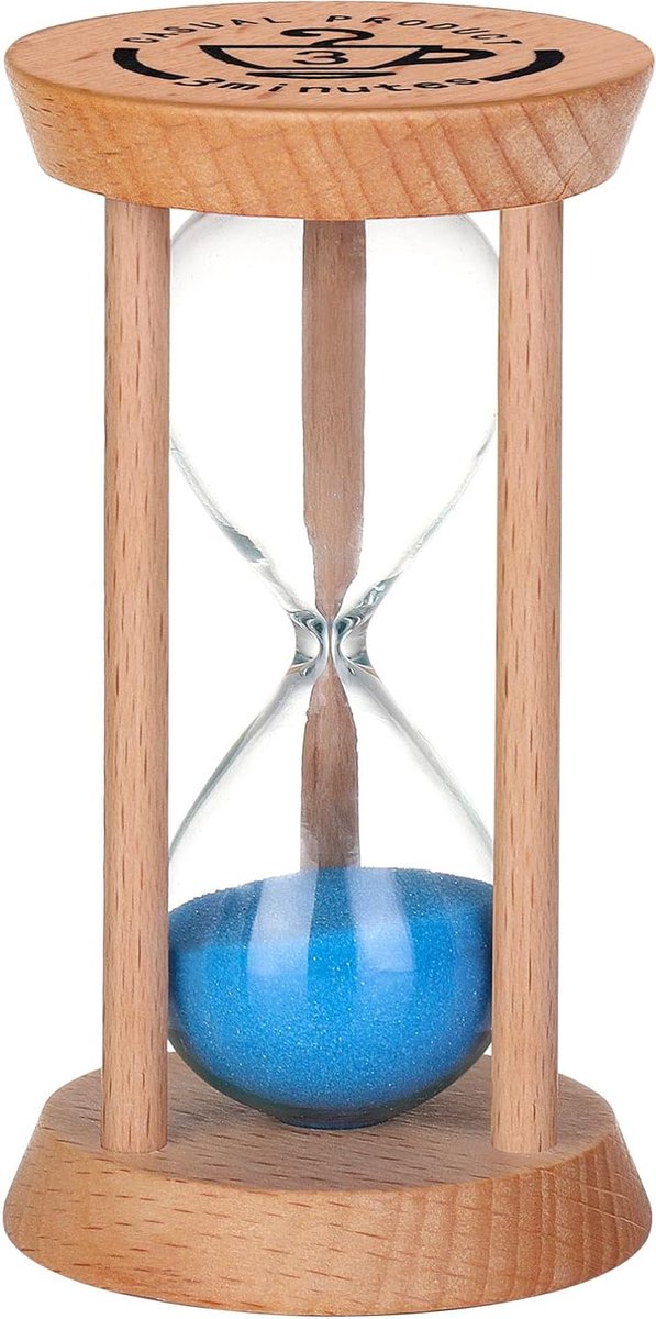 Mini-Zandloper - Houten zandloper, timer, houtkleur, gereedschap voor thuis en restaurant, 1 minuut/3 minuten, 3 minuten hout + blauw.