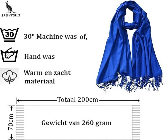Koningsblauwe pashminasjaal met franjes. Afmetingen: 200cm x 70cm. Gewicht: 260 gram.