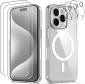 Podec Magsafe Coque pour iPhone 15 Pro Max - Avec 3x Protecteur d'écran + 3x Protecteur d'appareil photo - Magnétique avec Ring Transparent - Étui de Téléphone Transparent