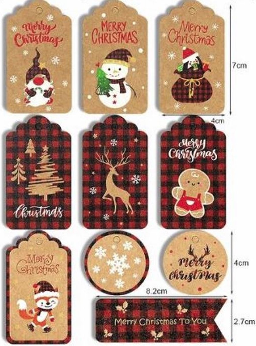 20x Cadeaulabels Kerst / Labels Kerstcadeau / Christmas / kerstlabels / Cadeau / Versiering / Naamkaartjes / Merry Christmas / Geblokt / Karton/ Rood