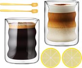 Set van 2 Latte Macchiato Glazen, Dubbelwandige Koffieglazen, 200 ml, Espresso Glazen met Lepel en Onderzetter, Thermische Koffieglazen, Spiraal Cappuccino Kopjes, Sapglazen, Glazen Beker