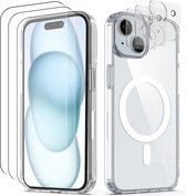 Podec Magsafe Hoesje Geschikt voor iPhone 15 - Met 3x Screenprotector + 3x Cameraprotector - Magnetisch met Ring Doorzichtig - Telefoonhoesje Transparant Case