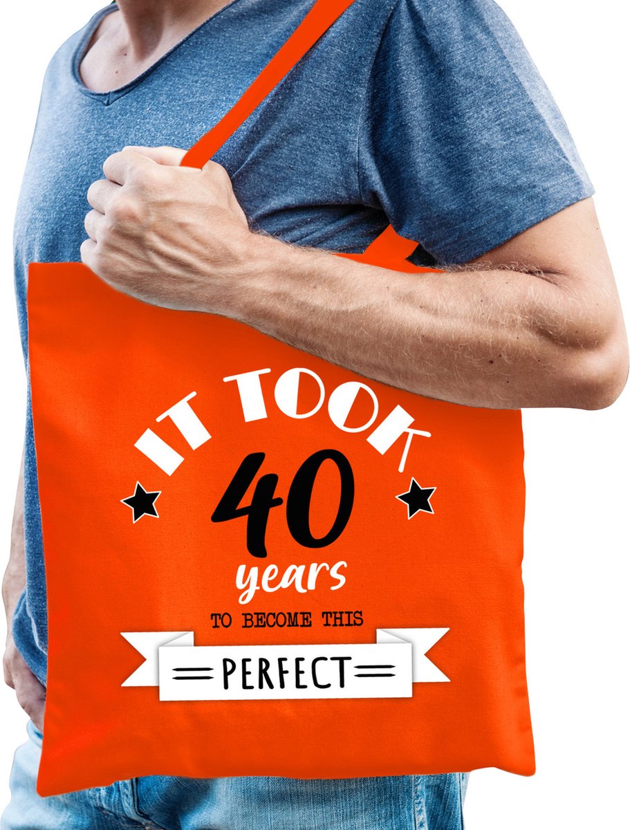Bellatio Decorations cadeau tas heren - 40 en perfect - oranje - katoen - 42 x 38 cm - veertig