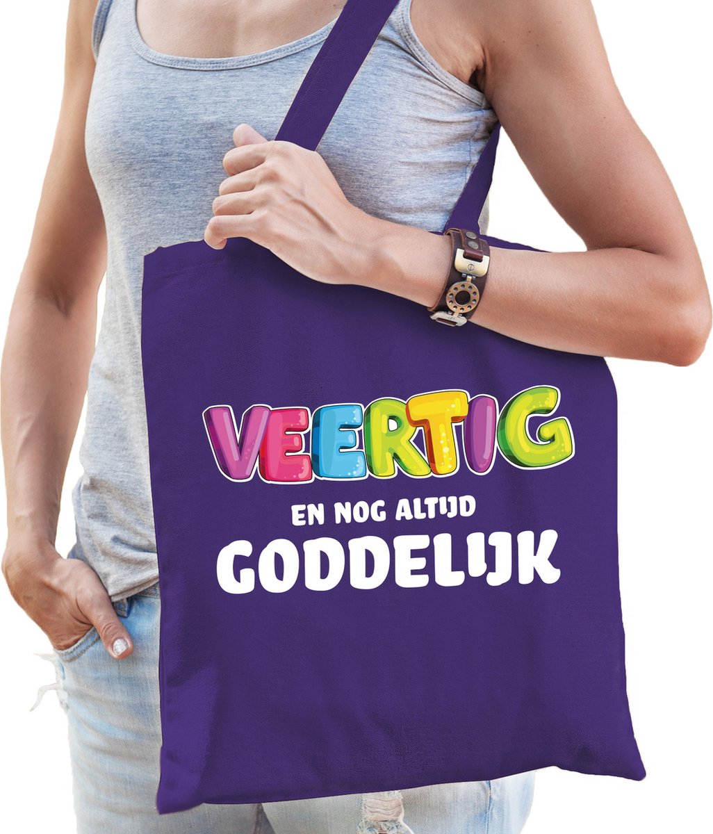 Bellatio Decorations Cadeau tas 40 jaar - veertig en goddelijk - paars - katoen - 42 x 38 cm