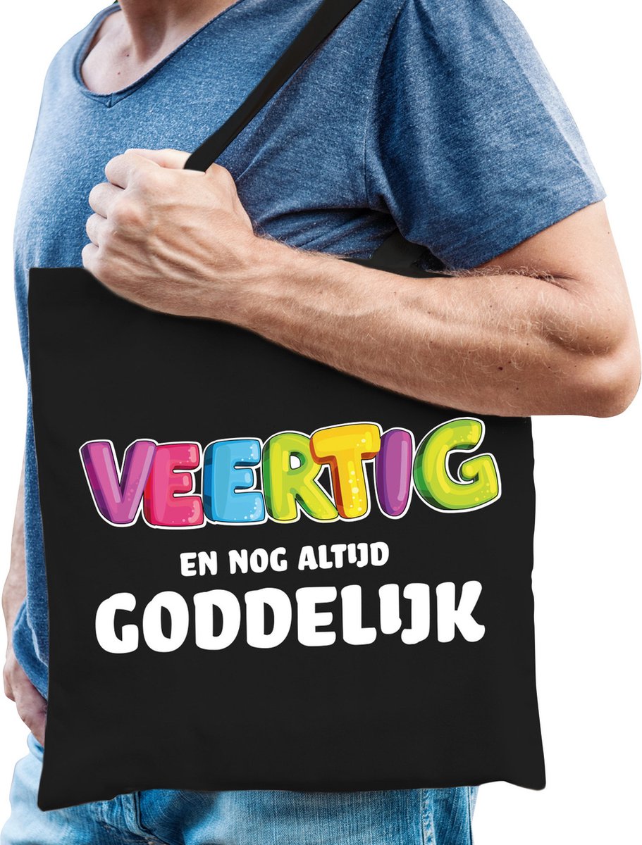 Bellatio Decorations Cadeau tas 40 jaar - veertig en goddelijk - heren - zwart - katoen - 42 x 38 cm