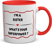 Akyol - i'm a sister what's your superpower? koffiemok - theemok - rood - Zus - super zus - verjaardag - cadeautje voor zus - zus artikelen - kado - geschenk - 350 ML inhoud