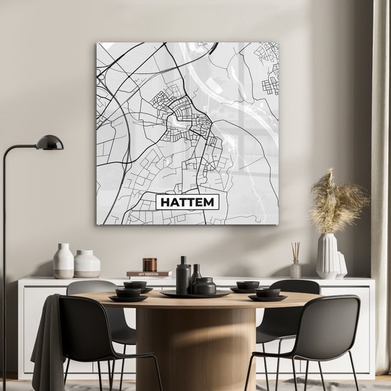 Peinture sur verre - Hattem - Carte - Carte - Plan de la ville - Zwart et Wit - Pays- Nederland - 90x90 cm - Peintures sur Verre Peintures - Photo sur Glas