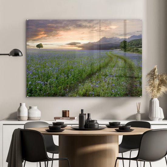 Glas coucher de soleil fleurs bleues et violettes 120x80 cm - Tirage photo sur Glas (décoration murale plexiglas)