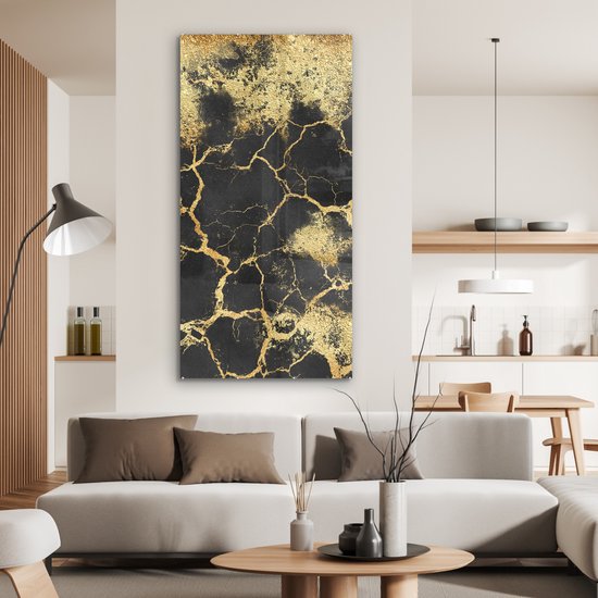 MuchoWow® Glasschilderij 80x160 cm - Schilderij acrylglas - Marmer - Zwart - Goud - Foto op glas - Schilderijen