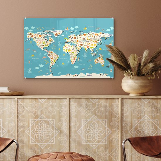 Peinture sur Verre - Carte du Wereldkaart - Enfants - Couleurs - Animaux - 60x40 cm - Peintures sur Verre Peintures - Photo sur Glas