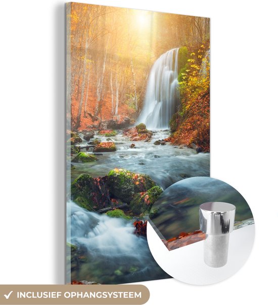 MuchoWow® Glasschilderij 40x60 cm - Schilderij acrylglas - Waterval - Zon - Herfst - Foto op glas - Schilderijen