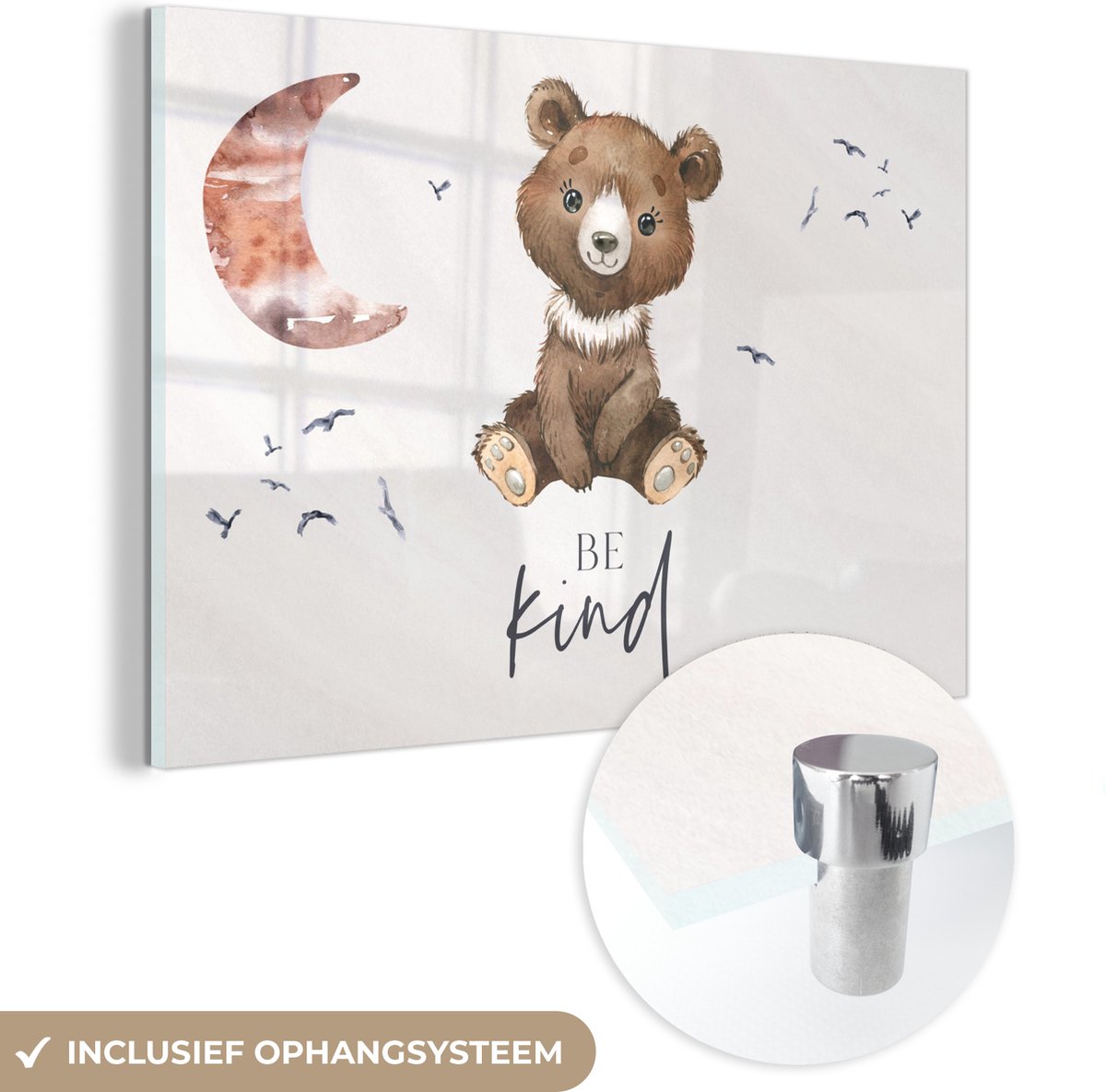 ® Glasschilderij 180x120 cm - Schilderij acrylglas - Spreuken - Be kind - Kinderen - Teddybeer - Waterverf - Foto op glas - Muurdecoratie woonkamer - Wanddecoratie slaapkamer - Schilderijen
