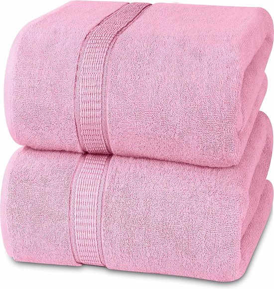 2-delige badhanddoeken, groot, van katoen, met ophanglus, saunahanddoeken, grote badhanddoeken, 90 x 180 cm (roze)