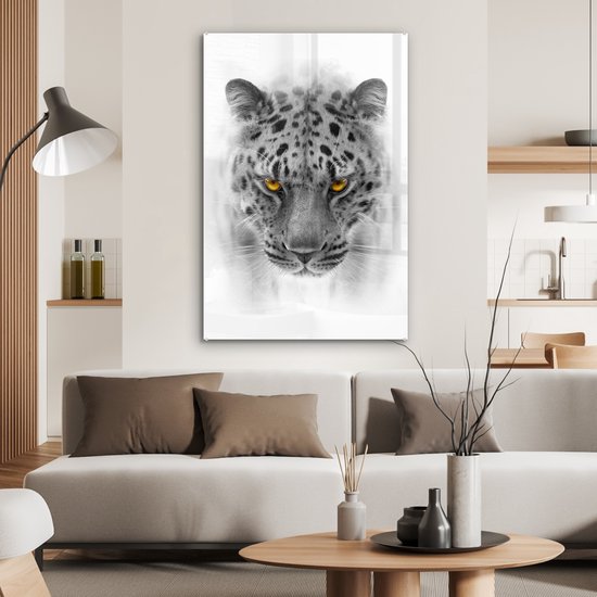 MuchoWow® Peinture sur verre 60x90 cm - Peinture acrylique sur verre - Léopard - Zwart - Wit - Animal - Photo sur verre - Peintures