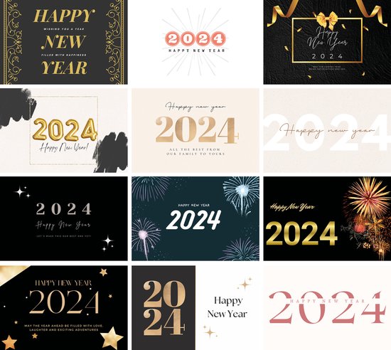 Nieuwjaarskaarten - 2024 - 10x15cm - 12 verschillende ontwerpen - Set van 24 kaarten