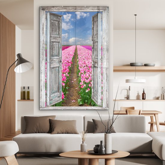 MuchoWow® Glasschilderij 100x150 cm - Schilderij acrylglas - Bloemen - Tulpen - Doorkijk - Regenboog - Foto op glas - Muurdecoratie woonkamer - Wanddecoratie slaapkamer - Schilderijen