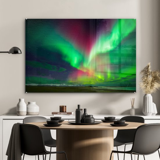 Belles aurores boréales sur Glas Islande 120x80 cm - Tirage photo sur Glas (décoration murale en plexiglas)