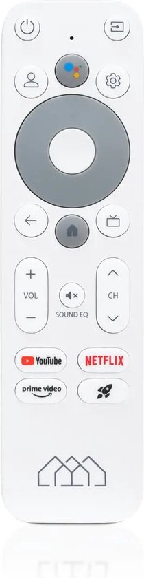 Witte afstandsbediening met Google Assistant-knop en app-logo's.