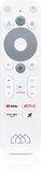 Witte afstandsbediening met Google Assistant-knop en app-logo's.