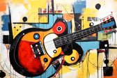 JJ-Art (Canvas) 60x40 | Gitaar, abstract in Herman Brood stijl, kleurrijk, kunst | muziek, instrument, elektrische, blauw, geel, oranje, rood, modern | Foto-Schilderij canvas print (wanddecoratie)