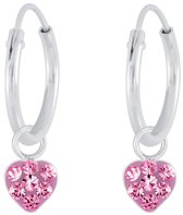 Joy|S - Zilveren hartje bedel oorbellen - oorringen met hartje - roze kristal