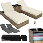 tectake® 2 lounge ligbedden plus tafel - inclusief 2 hoezensets en beschermhoes, outdoor polyrotan tuinmeubelset, 2 x tuinstoelen weerbestendig - natuur