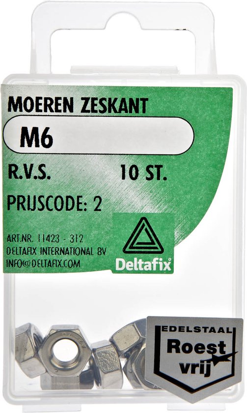 Deltafix moer zeskant r.v.s. a2 m6 din 934 10 st.