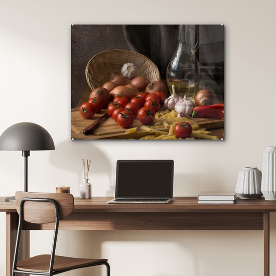 MuchoWow® Tableau sur verre 80x60 cm - Tableau sur verre acrylique - Planche à découper - Légume - Nature morte - Pâtes - Oignon - Tomate - Planche à découper - Photo sur verre - Décoration murale salon - Décoration murale chambre - Peintures