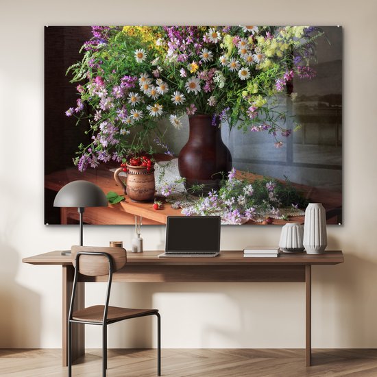 MuchoWow® Glasschilderij 180x120 cm - Schilderij acrylglas - Bloemen - Tafel - Stilleven - Boeket - Vaas - Foto op glas - Muurdecoratie woonkamer - Wanddecoratie slaapkamer - Schilderijen