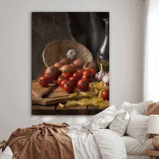 MuchoWow® Tableau sur verre 120x160 cm - Tableau sur verre acrylique - Planche à découper - Légume - Nature morte - Pâtes - Oignon - Tomate - Planche à découper - Photo sur verre - Décoration murale salon - Décoration murale chambre - Peintures