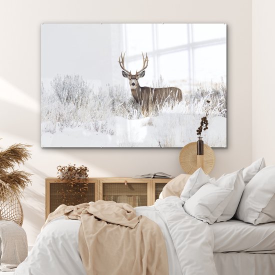 MuchoWow® Peinture sur Verre - Cerf - Hiver - Neige - Animaux - Saisons - Wit - 180x120 cm - Peintures sur Verre Acrylique - Photo sur Glas
