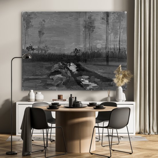 MuchoWow® Glasschilderij 160x120 cm - Schilderij acrylglas - Landschap in de schemering - Vincent van Gogh - Zwart - Wit - Foto op glas - Schilderijen