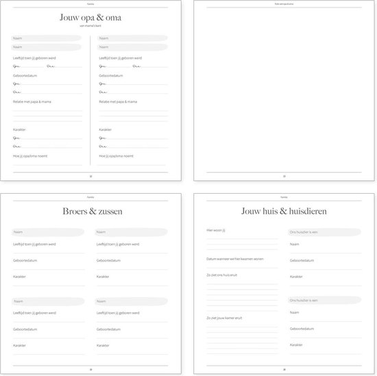 Boekpagina's met 'Jouw opa & oma', 'Broers & zussen', en 'Jouw huis & huisdieren' met invulvelden.