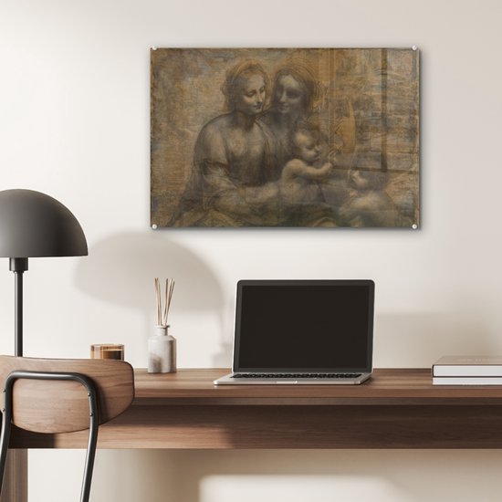 MuchoWow® Peinture sur verre 60x40 cm - Peinture sur verre acrylique - Marie avec l'enfant et Sainte Anne - Leonardo de Vinci - Photo sur verre - Peintures