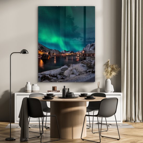 MuchoWow® Peinture sur verre 90x120 cm - Peinture sur verre acrylique - Aurores boréales - Islande - Neige - Village - Vert - Montagnes - Photo sur verre - Peintures