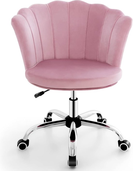 Bureaustoel van fluweel, draaistoel met wieltjes, in hoogte verstelbare make-upstoel, bureaustoel, computerstoel, fluwelen stoel voor slaapkamer, werkkamer (roze)