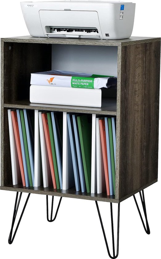 Printerstandaard met 5 open vakken, platenspeler tafel vrijstaand, 2 niveaus printertafel, vinylplatenstandaard van hout houdt tot 150 albums, 53 x 46 x 86,5 cm (bruin)