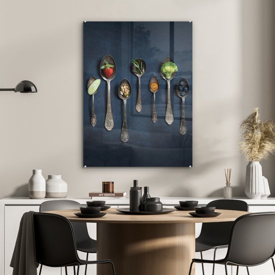 MuchoWow® Peinture sur verre 60x80 cm - Peinture sur verre acrylique - Herbes - Cuillère - Argent - Épices - Industriel - Photo sur verre - Peintures