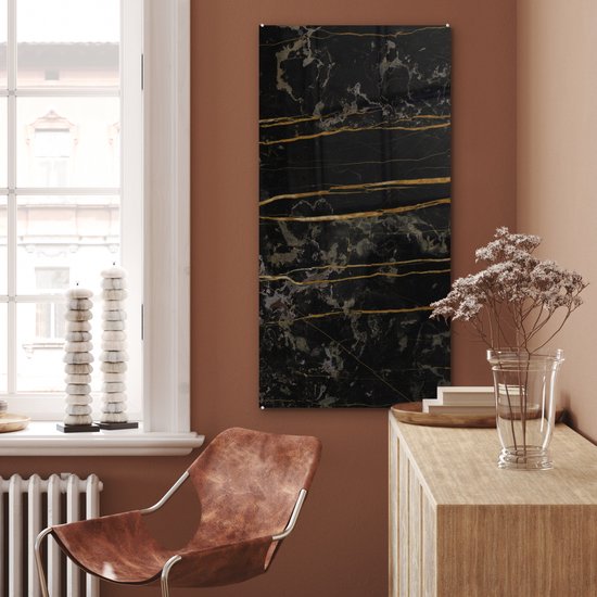 MuchoWow® Peinture sur verre - Marbre - Zwart - Or - Veine - 60x120 cm - Peintures sur verre acrylique - Photo sur Glas